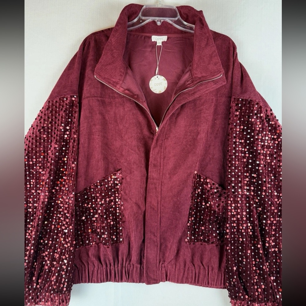 ODDY Maroon Sequin Bomber Jacket burgundy size 1X NWT ✨